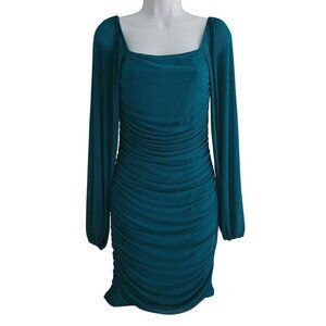 Fashion Mini Dress Blue Turquoise Small Long Sleeve Shirred BodyCon Sheath Lined